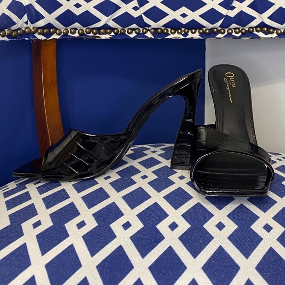Black croc print d’orsay square toe curved high heel mule sandals Sz 10 - Picture 1 of 6